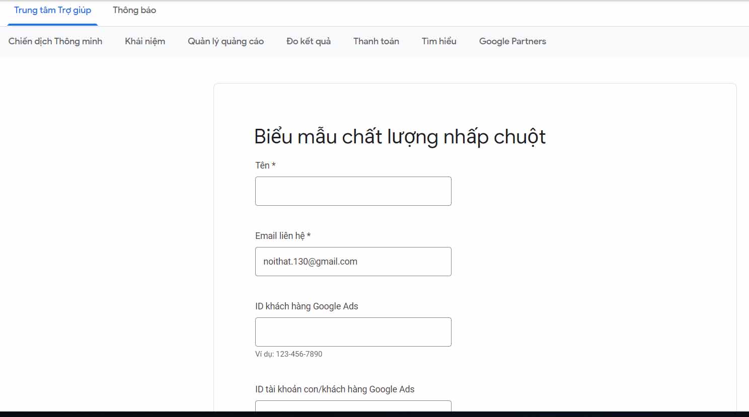 gửi yêu cầu hỗ trọ cho google